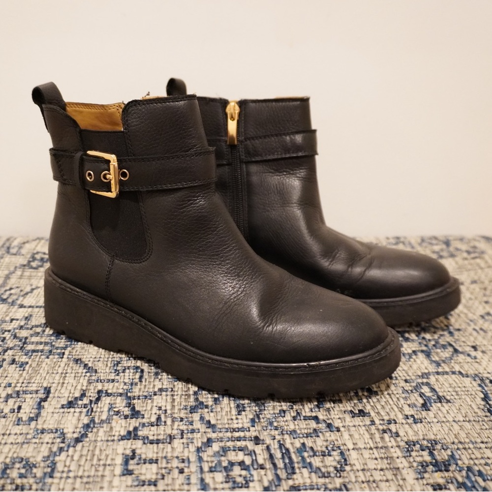 Franco Sarto Black Ankle Boots with Gold Buckle